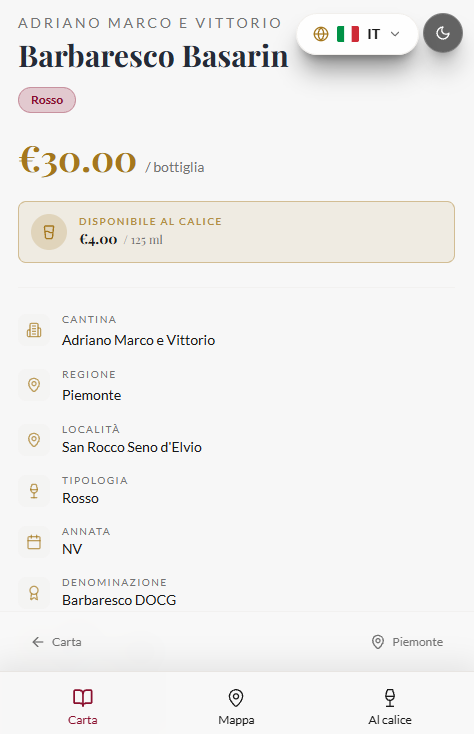 Scheda del vino Barbaresco Basarin in italiano, con selettore della lingua