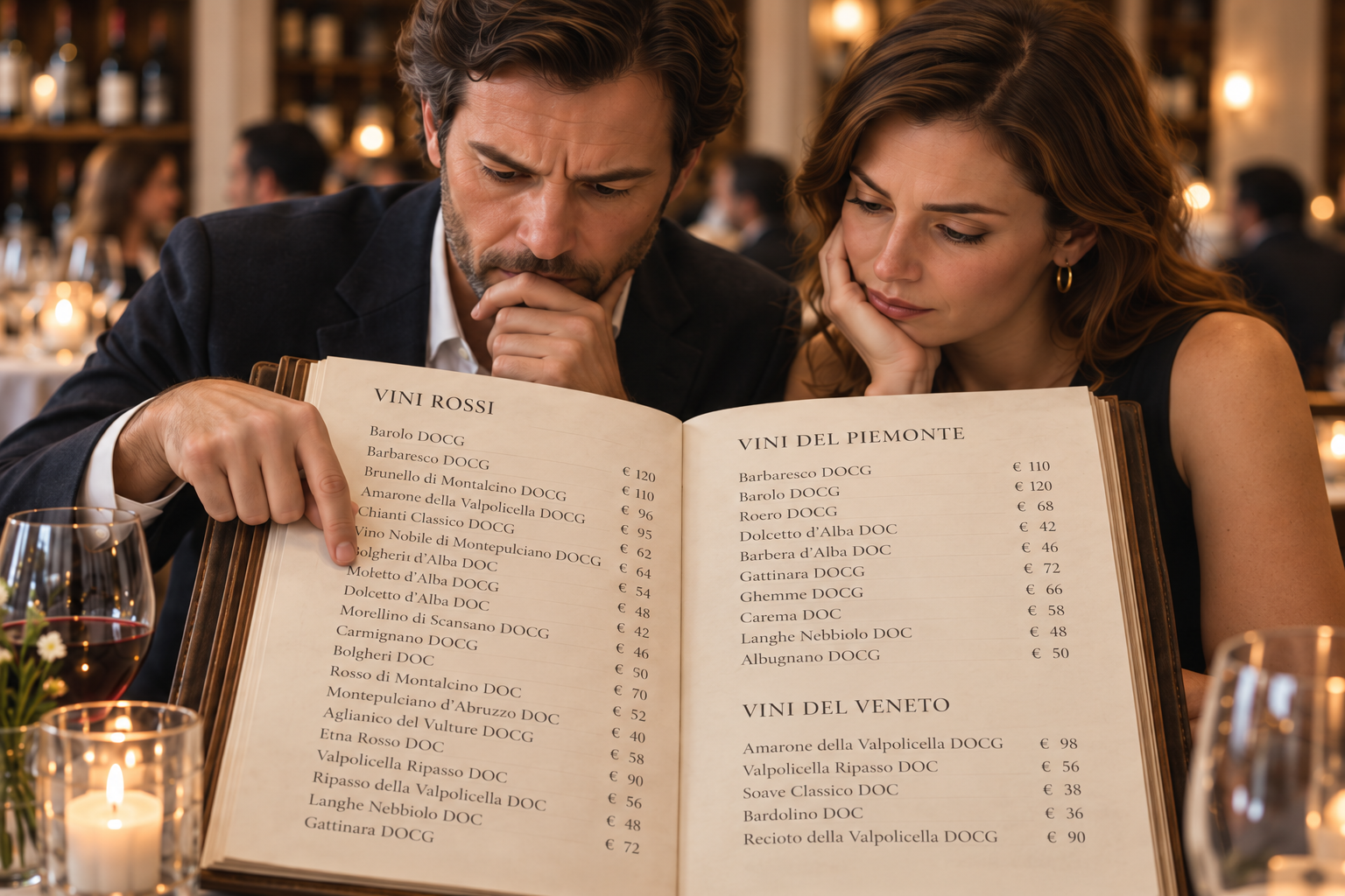 Due clienti al tavolo, perplessi davanti a una lunga carta dei vini cartacea