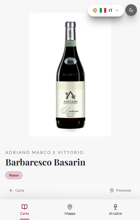 Scheda del Barbaresco Basarin con foto della bottiglia, produttore e regione