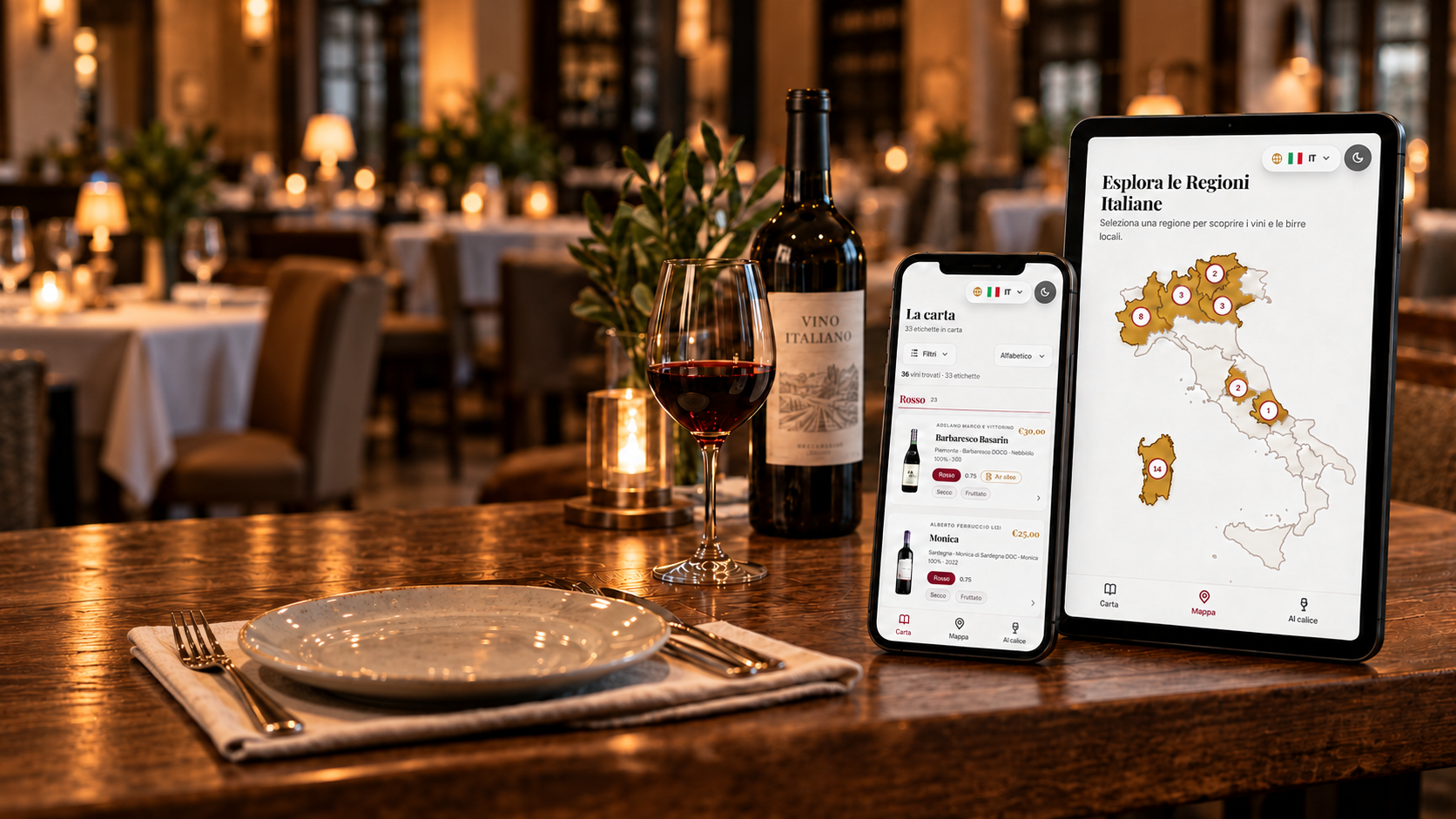Tavolo apparecchiato con calice, bottiglia di vino e la carta dei vini digitale su tablet e smartphone