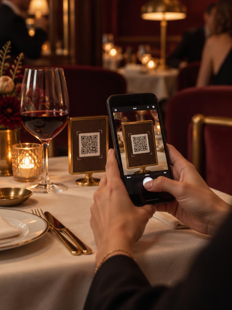 Cliente al tavolo che inquadra con lo smartphone il QR code della carta dei vini